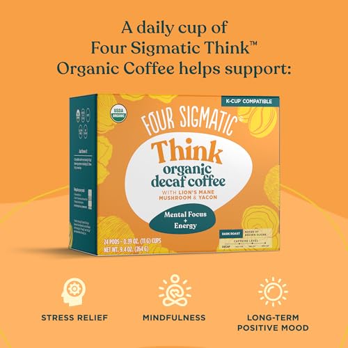 Four Sigmatic Decaf Mushroom Coffee K-Cups | Organic and Fair Trade Dark Roast Coffee with Lion’s Mane &amp; Yacon | Focus &amp; Immune Support | Vegan &amp; Keto | Sustainable Pods | 24 Count