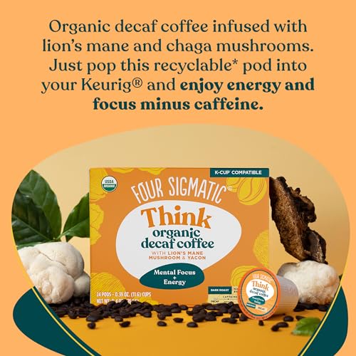 Four Sigmatic Decaf Mushroom Coffee K-Cups | Organic and Fair Trade Dark Roast Coffee with Lion’s Mane &amp; Yacon | Focus &amp; Immune Support | Vegan &amp; Keto | Sustainable Pods | 24 Count