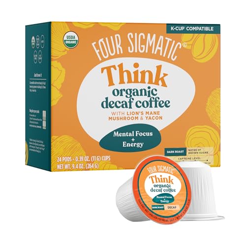 Four Sigmatic Decaf Mushroom Coffee K-Cups | Organic and Fair Trade Dark Roast Coffee with Lion’s Mane &amp; Yacon | Focus &amp; Immune Support | Vegan &amp; Keto | Sustainable Pods | 24 Count