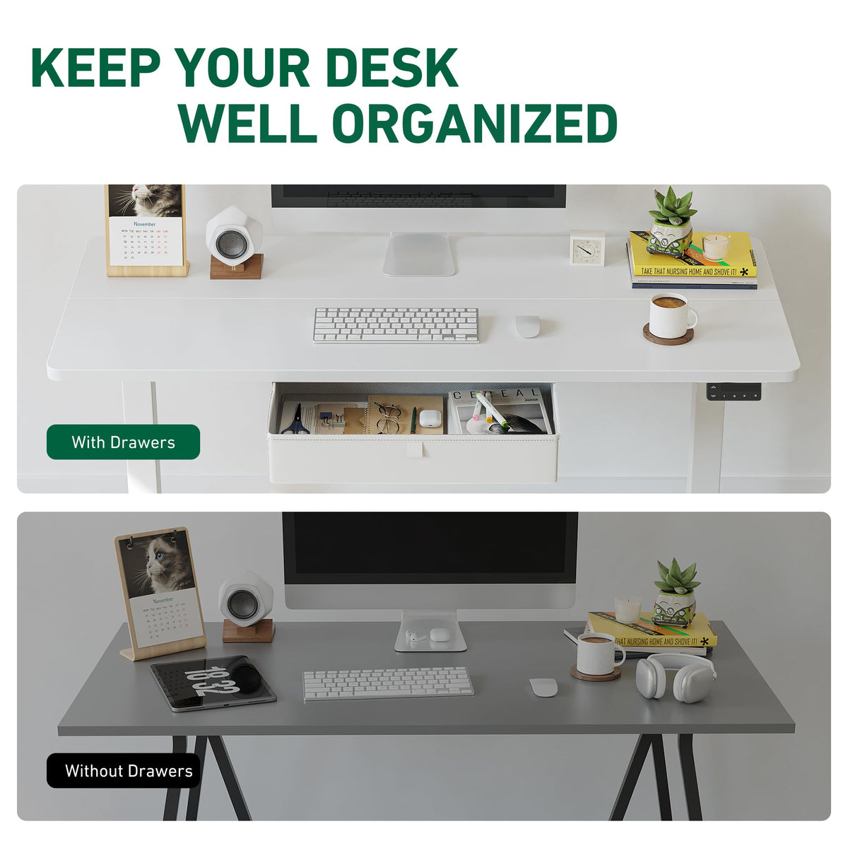 FEZIBO 40 x 24 Inches Standing Desk with Drawer, Adjustable Height Electric Stand up Desk with Storage, Sit Stand Home Office Desk, Ergonomic Computer Desk, White