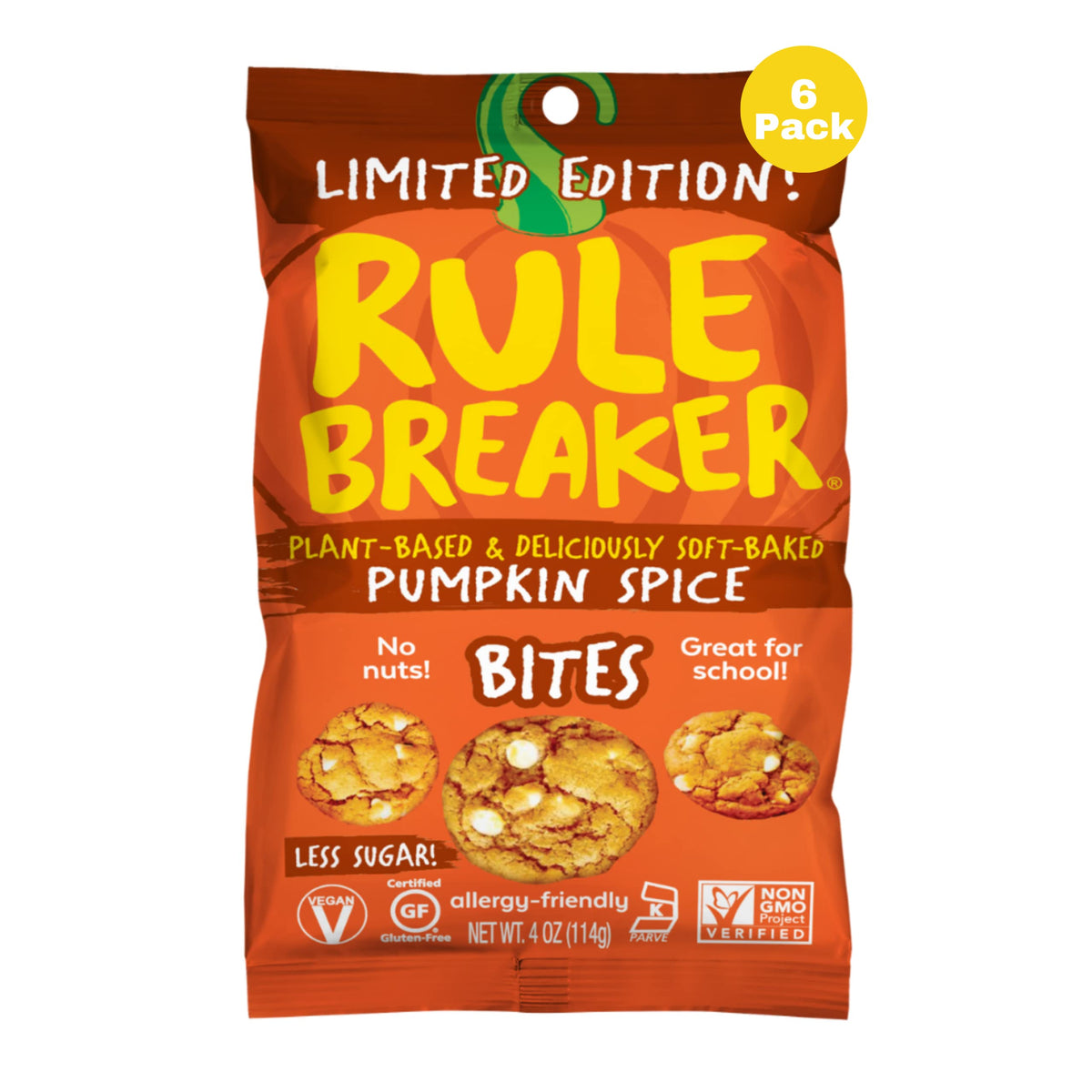 Rule Breaker Snacks Vegan Gluten Free | Pumpkin Spice Blondie Cookie Bites | Plant-Based, Dairy, Nut, Soy, Allergen Free, Kosher | Soft-Baked School Snacks for Kids and Adults (Pack of 6)