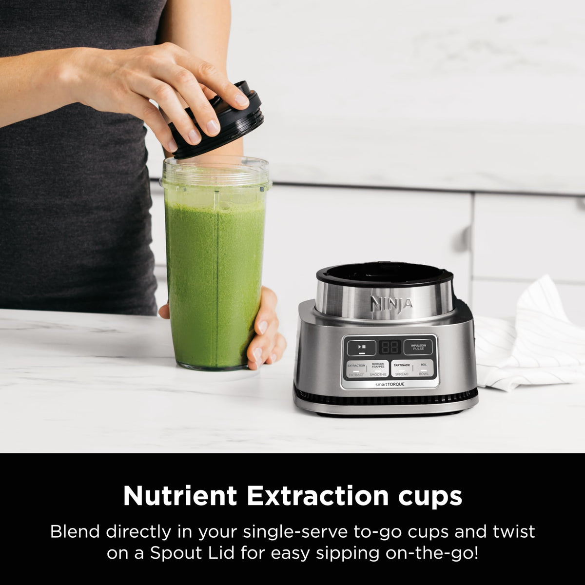 Ninja SS101 Foodi Smoothie Maker &amp; Nutrient Extractor* 1200 WP, 6 Functions Smoothies, Extractions*, Spreads, smartTORQUE, 14-oz. , (2) To-Go Cups &amp; Lids, Silver