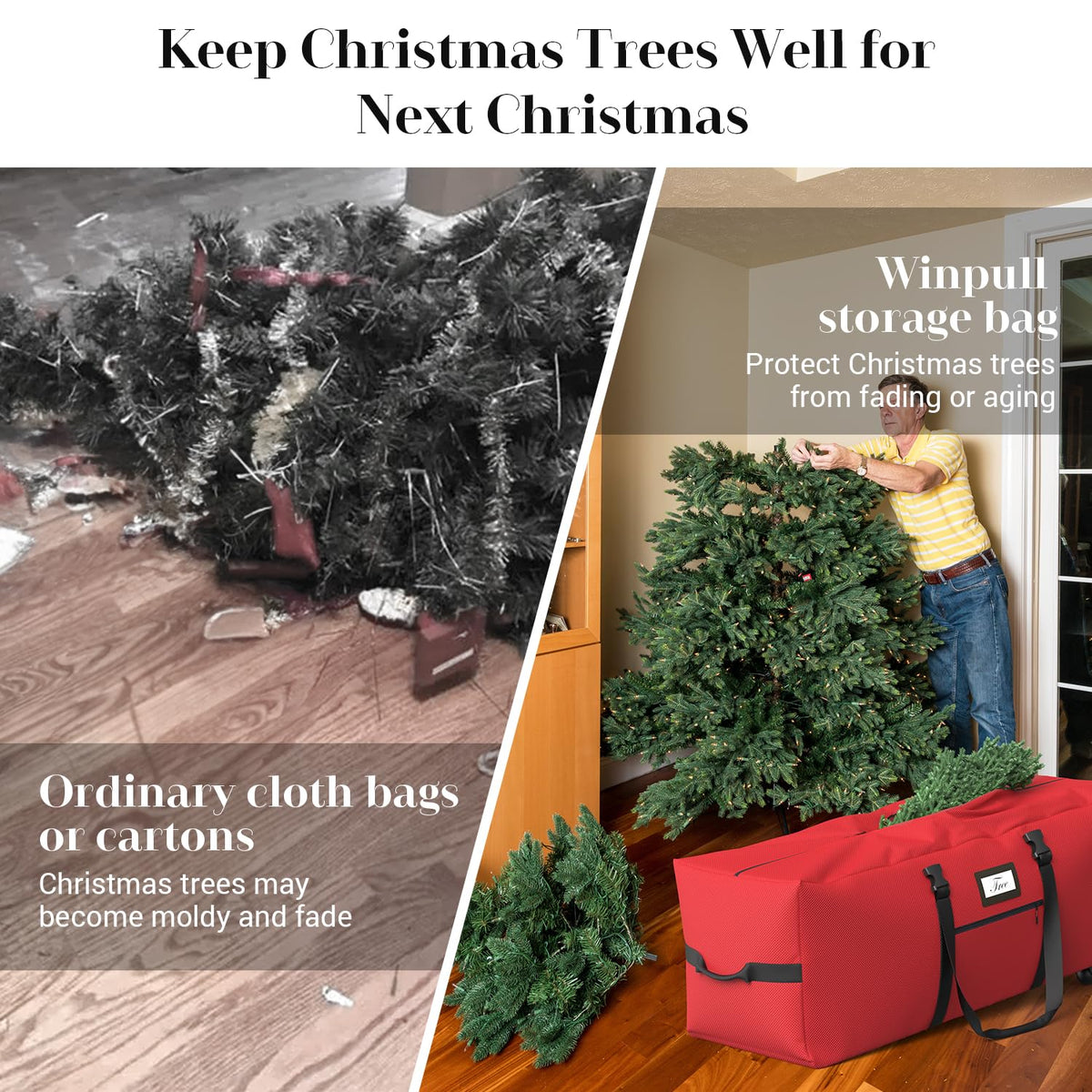 Winpull Rolling Christmas Tree Storage Bag Fits Up to 9 Ft Artificial Tree, 600D Waterproof Oxford Fabric, Large Christmas Tree Bag with Dual Zipper, Wheels, Handles, Heavy Duty Xmas Storage Container