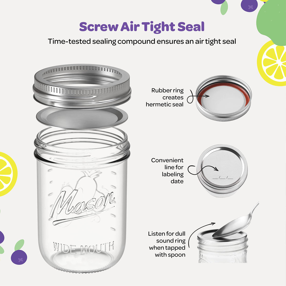 SEWANTA Wide Mouth Mason Jars 16 oz [5 Pack] With mason jar lids and Bands, mason jars 16 oz - For Canning, Fermenting, Pickling - Jar Décor - Microwave/Freeze/Dishwasher Safe.