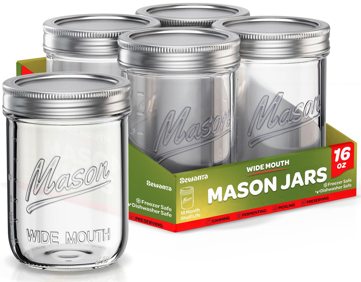 SEWANTA Wide Mouth Mason Jars 16 oz [5 Pack] With mason jar lids and Bands, mason jars 16 oz - For Canning, Fermenting, Pickling - Jar Décor - Microwave/Freeze/Dishwasher Safe.